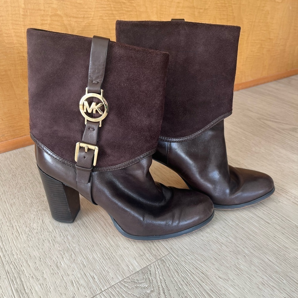 Michael Kors Signature Brown Leather Ankle Suede Fulton Harness Boots Size 10